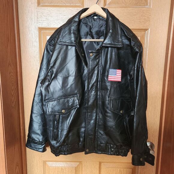 Vintage Motorcycle Leather Jacket with American Flag Patch & Eagle‎ Patch Size M - Picture 1 of 16